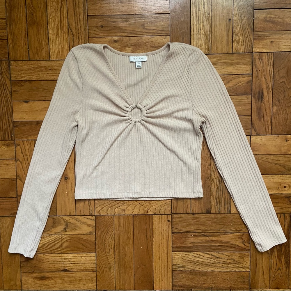 Topshop Oatmeal Cream Ribbed O Ring Cropped Long Sleeve - Medium